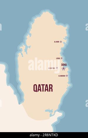 Illustrierte Karte von Katar mit Fußbällen und Stadtnamen. Farbige Karte zum weltweiten Wettbewerb. Vektorillustation Stock Vektor
