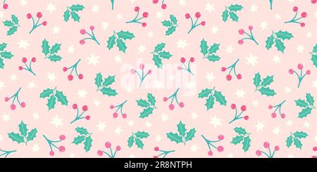 Weihnachtssteinchen und Beeren Vektormuster Hintergrund Rand in Pink und Grün. Stock Vektor