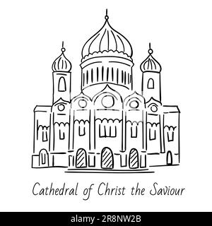 Handgezeichnete Doodelskizze von Moskauer Wahrzeichen. Kathedrale von Christus, dem Erlöser. Schwarze Linie auf weißem Hintergrund Stock Vektor