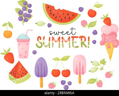 Kollektion süßer Sommer. Wald- und Gartenbeeren und Obst, Eis und Cocktail. Schriftzug Sommer mit Wassermelonenmuster. Vektordarstellung i Stock Vektor