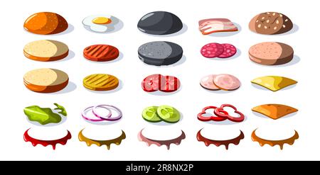 Burger-Zutaten. Cartoon-Fast-Food-Konstrukteur mit Käsesauce Zwiebeln-Tomaten-Salat-Gurke, Hamburger mit geröstetem Fleisch-Flacherzeugnis. Vektor eingestellt o Stock Vektor