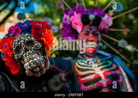 Eine junge Mexikanerin, die als La Catrina verkleidet ist, hält während der Feierlichkeiten zum Tag der Toten in Guadalajara, Mexiko, eine Calavera-Statue. Stockfoto