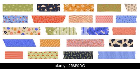Washi-Band. Japanisches Papierband mit dekorativem Muster und süßen japanischen Aufklebern für Sammelalbum, Dekoration und Maskierung. Vektorset aus japanischem Papier de Stock Vektor