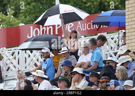 Die Fans erhalten Regenschirme, wenn der Regen beim Spiel der Metro Bank Women's Ashes 2023 England gegen Australien auf der Trent Bridge, Nottingham, Großbritannien, 22. Juni 2023 (Foto von Mark Cosgrove/News Images) in Nottingham, Großbritannien, am 6./22. Juni 2023 stärker wird. (Foto: Mark Cosgrove/News Images/Sipa USA) Stockfoto