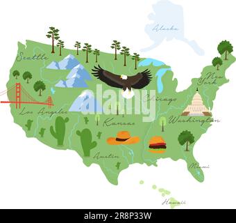 Touristische Infografiken über Amerika. Cartoon-Karte der USA. Reisedarstellung mit Sehenswürdigkeiten, Flüssen, Lebensmitteln und Pflanzen. Nationale Symbole. Berühmte Attrakteen Stock Vektor