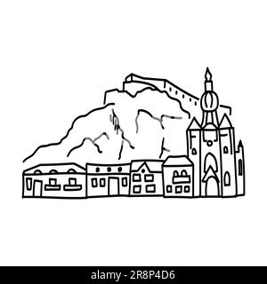 Handgezeichnete Kritzelzeichnung als Symbol einer europäischen Burg in den Bergen. Wahrzeichen der europäischen Städte. Einfache Zeichnungen von Fassaden Stock Vektor