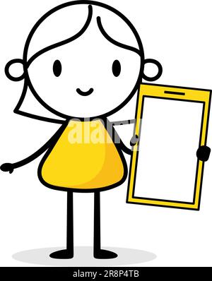 Eine Geschäftsfrau hält ein Handy in der Hand. Handgezeichnete Kritzelfrau isoliert auf weißem Hintergrund. Darstellung des Vektormaterials Stock Vektor