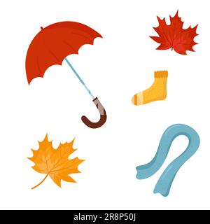 Vektorset mit Herbstsymbolen für jedes Design. Roter Regenschirm. Behagliche und helle Herbstsymbole. Gelbe Pflanzen, Lebensmittel und Waldtiere, Erntefest Stock Vektor