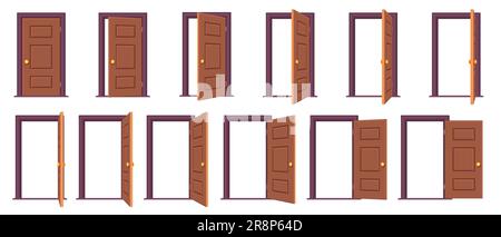 Sequenz zum Öffnen der Tür. Zeichentrickschritte zur Animation des ein- und Ausgangs durch die Tür, weiße Rahmen für Animationsspiele. Vektor-isolierte Tür Stock Vektor