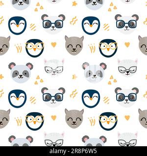 Nahtloses Muster mit süßen, von Hand gezogenen Katzen, Pinguinen und Pandas. Gelbe Formen mit weichen Kanten. Ideal für Textilien oder Websites. Vektordarstellung Stock Vektor