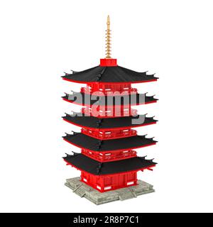 Niederpoly japanische antike Pagode isoliert auf weißem Hintergrund, 3D-Rendering Stockfoto