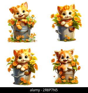 Schneideweg, Malen orangefarbener Kätzchen und Blumen in Wassereimer Clip Art auf weißem Hintergrund Stockfoto