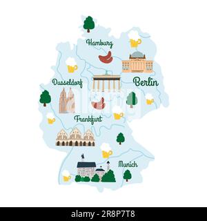 Handgezeichnete illustrierte Karte von Deutschland mit Flüssen und Städten. Einige berühmte Wahrzeichen und nationale Symbole, Bier. Vektorgrafik Stock Vektor