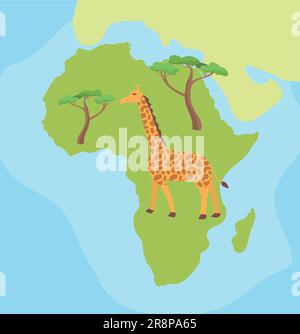 Handgezeichnete Karte von Afrika mit Giraffe und Akazienbaum Madagaskar. Auf farbigem Hintergrund. Vektordarstellung Stock Vektor