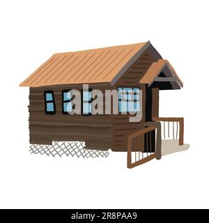 Hübsches Landhaus mit Tür, Fenstern und Veranda. Außenansicht des Hauses mit Holztrennwänden auf dem Fundament. Darstellung des farbigen flachen Vektors ist isol Stock Vektor