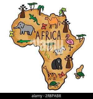 Handgezeichnete Doodle-Karte von Afrika. Nationale Bäume und Tiere. baobab, Giraffe, Krokodil, Schildkröte, Elefant. Vektorgrafik Stock Vektor