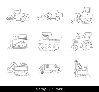 Handgezeichnete Zeichnung einer Icon-Serie für den Transport. Einfache Symbole mit verwackelten Linien. Traktor, Bulldozer und Kipplaster. Set von Baumaschinen Stock Vektor