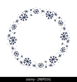 Handgezeichnete Kreisel einfacher Rahmen mit Schneeflocken. Kindische Zeichnung mit süßen Elementen isoliert auf Weiß Stock Vektor