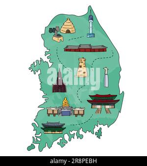 Südkorea skizzieren eine illustrierte Karte. Berühmte koreanische Wahrzeichen, Symbole und Gebäude. Von Hand gezeichnete Vektorelemente Stock Vektor