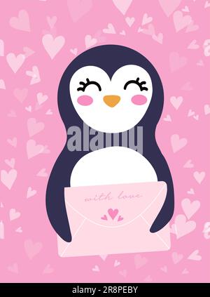 Valentinskarte mit niedlichen lustigen Pinguin hält Liebesbrief mit Herzen. Handgezeichnete Vektorgrafik. Flaches Design im skandinavischen Stil. Konzept für Stock Vektor