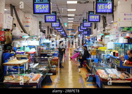 SEOUL, SÜDKOREA - 5. APRIL 2023: Besucher besuchen den Noryangjin Fisheries Wholesale Market in Seoul. Es ist einer der größten Fischmärkte in Korea. Stockfoto