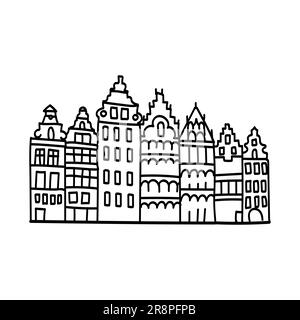 Handgezeichnete Kritzelkontur eines europäischen Gebäudes. Wahrzeichen der europäischen Städte. Einfache Zeichnungen von Fassaden Stock Vektor