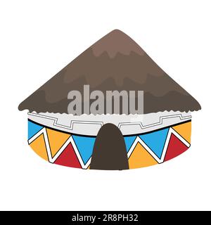 Afrikanisches Ndebele-Haus mit grauem Strohdach, isoliert auf weißem Hintergrund. In hellen Farben gehaltene Tonwände. Geometrisches Muster. Handgezeichnetes Kritzelchen Stock Vektor