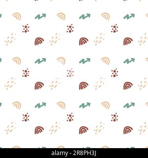Niedliches, nahtloses Muster mit handgezeichneten Kritzelelementen. Kleine farbige Regenbogen- und abstrakte Flecken. Vektordarstellung Stock Vektor