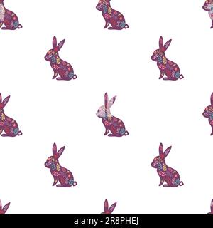 Niedliche Ikone farbenfrohes, nahtloses Muster mit Häschen, dekoriert mit Blumen und Zweigen. Fröhliche Ostern-Schriftzeichen-Vektorbilder Stock Vektor