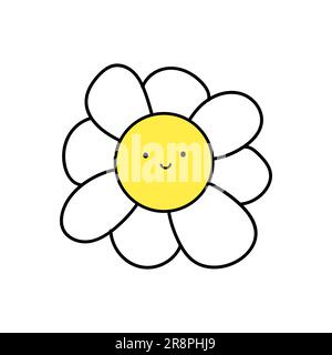 Bunte Gänseblümchen im 1970-Stil. Tolle Hippie-Ästhetik, lächelndes Gesicht. Vektordarstellung isoliert auf weißem Hintergrund Stock Vektor