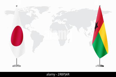 Flaggen Japans und Guinea-Bissaus für offizielles Treffen vor dem Hintergrund der Weltkarte. Stock Vektor