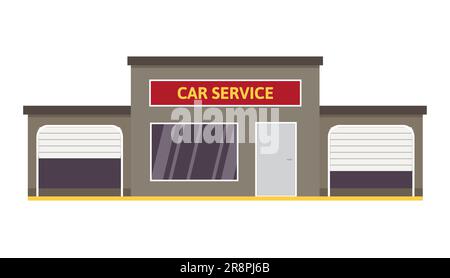 Autoservice und Reparaturgebäude mit zwei geöffneten grauen Garagen. Automechanik-Werkstatt mit rotem Schild. Vektorgrafik isoliert auf Weiß Stock Vektor
