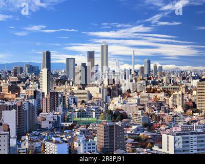 Blick auf die Stadt Tokio mit dem Stadtteil Koishikawa (Bunkyo ward) und der Skyline von Ikebukuro (Toshima ward). Tokio, Japan. Stockfoto