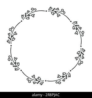 Süßer, handgezeichneter Herzkranz. Vektorblümchenrahmen im Doodle-Stil. Hochzeitsmonogramm blühender Rahmen isoliert auf weißem Hintergrund. Stock Vektor