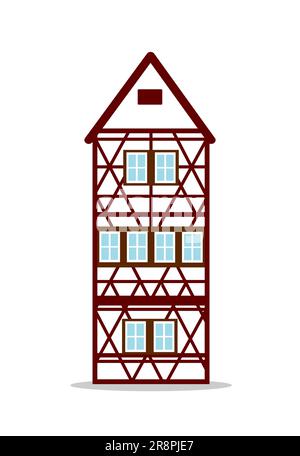 Altes deutsches Haus mit roten Holzbalken. Farbiges Fachwerkgebäude. Flache Fassaden von europäischen Rahmenhäusern, Hütten Stock Vektor