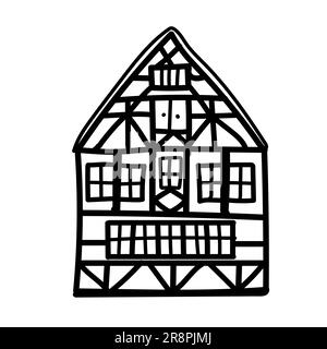 Doodle Altes deutsches Haus mit Holzbalken. Handgezeichnetes Fachwerkgebäude. Schwarze Fassaden von europäischen Rahmenhäusern, Hütten Stock Vektor