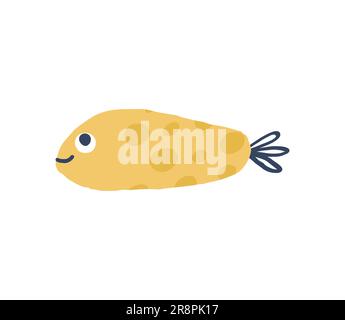 Süßer handgezeichneter Fisch. Gelbes, einfaches Tier mit großen Augen und Punkten. Unterwasserwelt. Komischer kindischer Doodle-Stil. Vektordarstellung isoliert auf Wit Stock Vektor