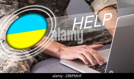 Virtueller Bildschirm mit Hilfe für die Ukraine Stockfoto