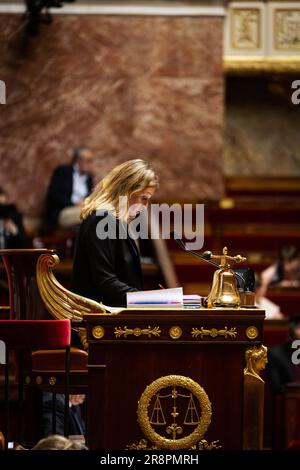 Paris, Frankreich. 20. Juni 2023. Yaël Braun-Pivet, Präsident der französischen Nationalversammlung, während der Fragestunde an die Regierung. Fragestunde an die Regierung von Elisabeth in der Nationalversammlung im Palais Bourbon in Paris. (Foto: Telmo Pinto/SOPA Images/Sipa USA) Guthaben: SIPA USA/Alamy Live News Stockfoto