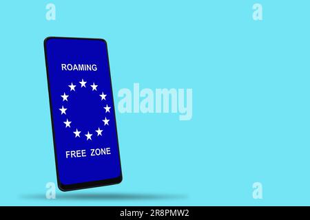 Roaming-freie Euro-Zone. SMS, telefonieren und Internet-Nutzung ohne Roaming-Gebühren in Euro-Zone. Konzept-Foto. Stockfoto