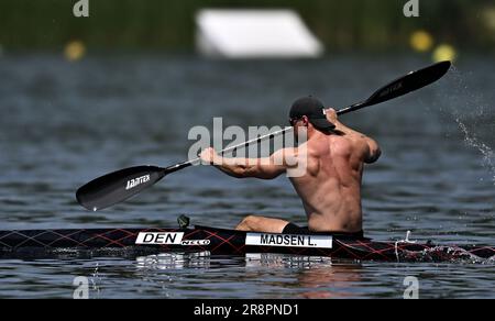 Krakau, Polen. 22. Juni 2023. Kanu Sprint. Europäische Spiele 2023. Kryspinow Waterway. Krakau. Lasse Madsen während des Kanu-Sprint-Ereignisses bei den Europaspielen 2023 in Krakau, Polen. Kredit: Sport In Pictures/Alamy Live News Stockfoto