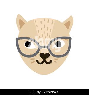 Süße, handgezogene Katze. Buntes Tiergesicht mit schönen Elementen, Schnurrbart, Augen in Sonnenbrille. Vectir-Darstellung isoliert auf weiß Stock Vektor