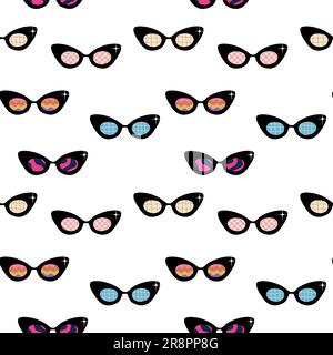 Nahtloses Muster mit psychedelischer Sonnenbrille im Stil von 1970er. CAT Form Retro groovy Grafikelemente der Brille mit Regenbogen, Linien und Wellen. Hippi Stock Vektor
