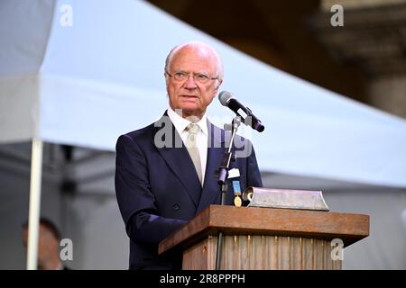 Stockholm, Schweden. 22. Juni 2023. König Carl Gustaf spricht im Stockholmer Rathaus im Rahmen des 100-jährigen Jubiläums des Rathauses in Stockholm am Donnerstag, den 22. Juni 2023.Foto: Jessica Gow/TT/Code 10070 Kredit: TT News Agency/Alamy Live News Stockfoto