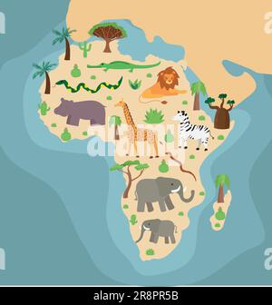 Handgezeichnete Karte von Afrika mit endemischen Bäumen, Pflanzen und der Insel Madagaskar. drachenbaum, Palme, Kaktus auf farbigem Hintergrund. Stock Vektor