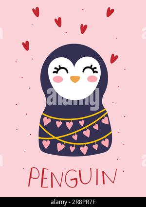 Valentinskarte mit niedlichen lustigen Pinguin mit Herzen. Handgezeichnete Vektorgrafik. Flaches Design im skandinavischen Stil. Konzept für Kinderurlaub Stock Vektor