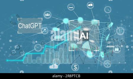 Immersive digitale HUD-Marketingschnittstelle vor unscharfem, hellblauen Hintergrund. Konzept des elektronischen Geschäftsverkehrs. 3D-Rendering getönte Doppelbelichtung des Bildes Stockfoto