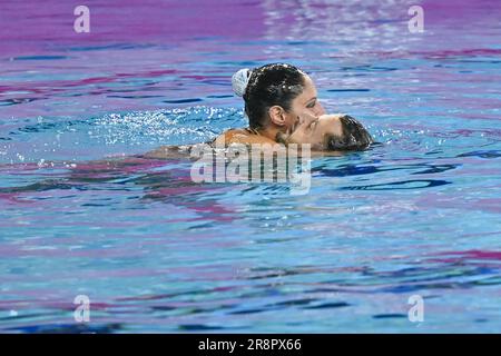 Krakau, Polen. 22. Juni 2023. Künstlerische Schwimmerin Lisa Ingenito und künstlerische Schwimmerin Renaud Barral reagieren nach dem gemischten Duett-Technikevent künstlerisches Schwimmen am zweiten Tag der europäischen Spiele in Krakau, Polen, Donnerstag, den 22. Juni 2023. Die Europaspiele 3., informell bekannt als Krakau-Malopolska 2023, sind eine geplante internationale Sportveranstaltung, die vom 21. Juni bis 02. Juli 2023 in Krakau und Malopolska, Polen, stattfindet. BELGA FOTO LAURIE DIEFFEMBACQ Kredit: Belga News Agency/Alamy Live News Stockfoto