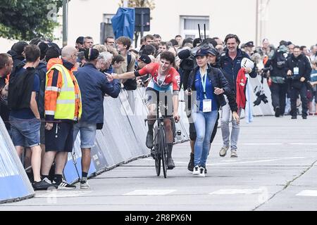 Herzele, Belgien. 22. Juni 2023. Belgisches Alec Segaert, das nach dem individuellen Proberennen der Herrenelite der belgischen Radmeisterschaft, 41, 6 km, am Donnerstag, den 22. Juni 2023 in Herzele abgebildet wurde. BELGA FOTO GOYVAERTS Kredit: Belga News Agency/Alamy Live News Stockfoto