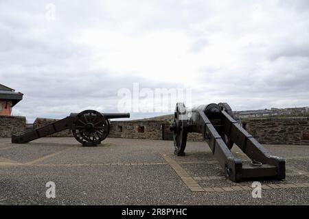 Kanonen an den alten Stadtmauern von Derry in Nordirland Stockfoto